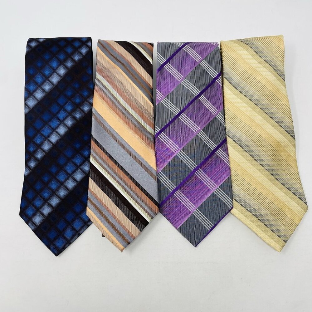 Van Heusen Mens Lot of‎ 4 100% Silk Printed Neck Ties in Yellow/Gray/Brown 1939